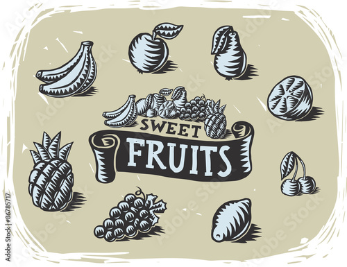 Set of sweet fuits hand drawn vintage icons and ribbon
