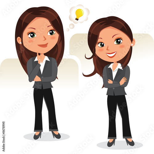 Business woman brainstorming. Vector illustration of beautiful woman in different poses.