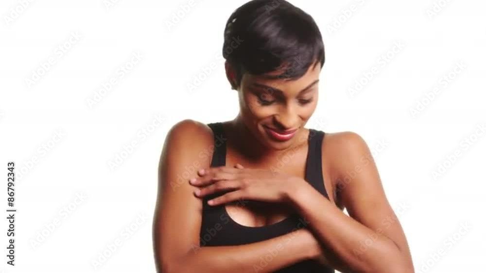Black woman dancing and moving hands in slow motion on white background Black woman dancing and moving hands in slow motion on white background