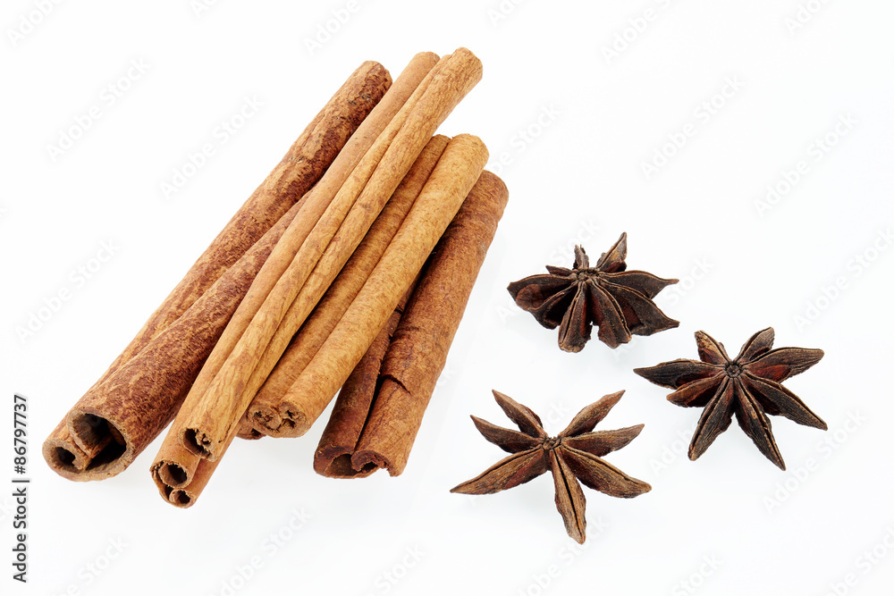 Cinnamon and poikak isolated on white background. Cinnamon and poikak isolated on white background.