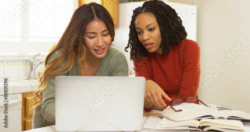 Two women students studying in kitchen with laptop computer