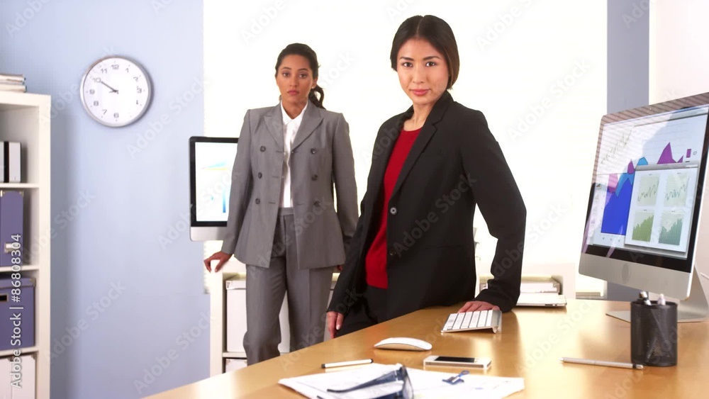 Two multi-ethnic businesswomen standing in office Two multi-ethnic businesswomen standing in office
