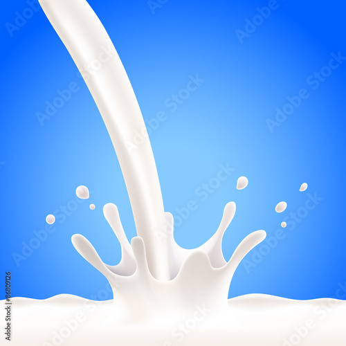 Pouring milk splash on blue vector background