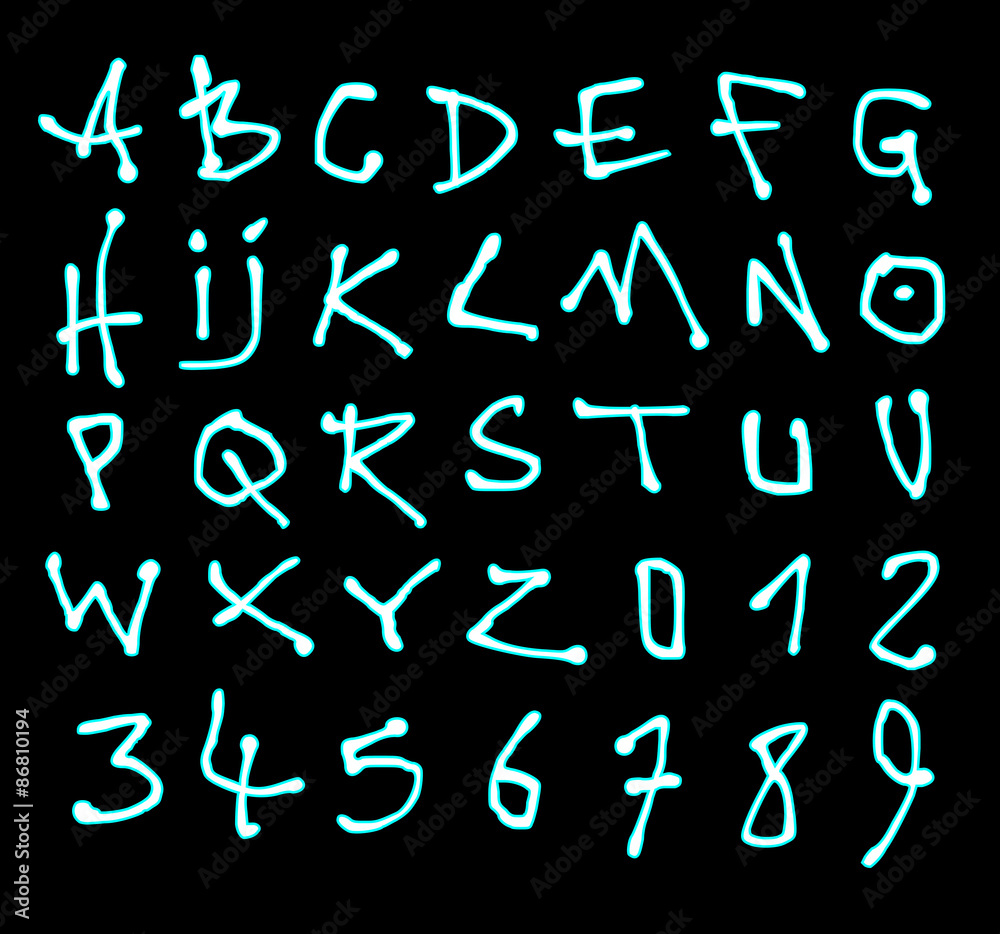 liquid font and number neon alphabet over black