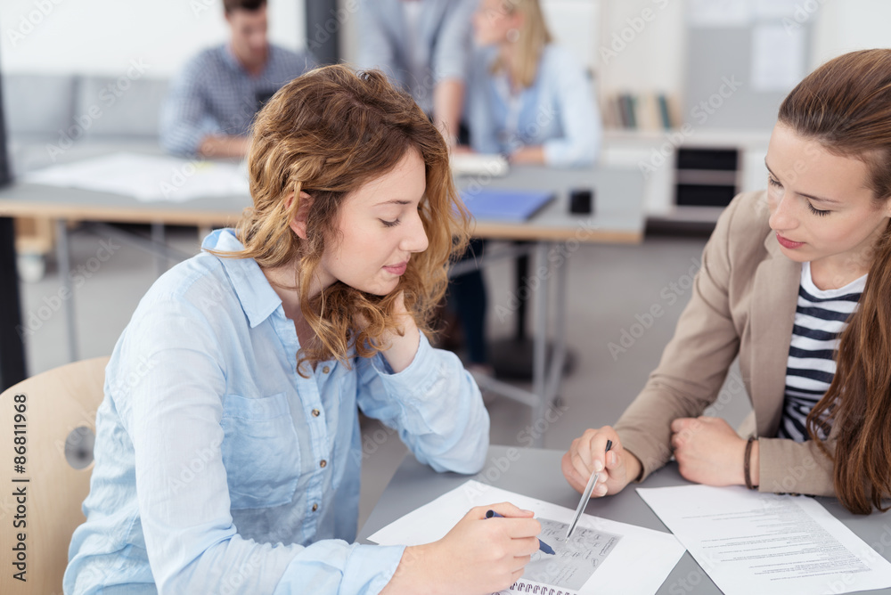 Naklejka premium junge frau erklärt einer studentin etwas in den unterlagen