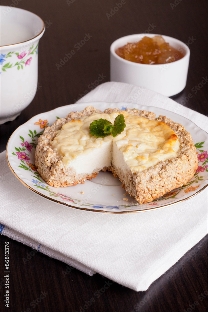 Cottage cheese cake, decorated mint