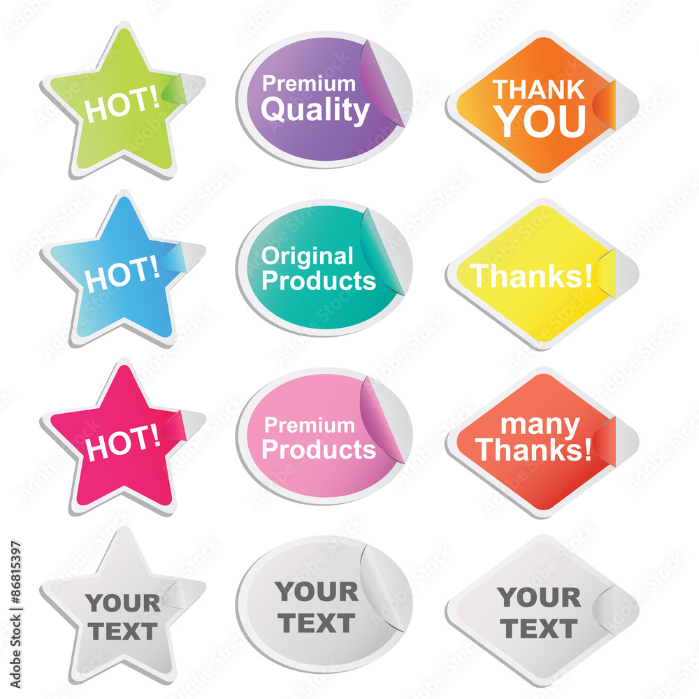 Set of twelve colorful stickers in star, oval and rhombus shaped for shop and seller. Set of twelve colorful stickers in star, oval and rhombus shaped for shop and seller.