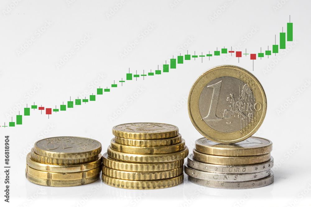Stack of Euro coins isolated on white background- euro money and stock chart Stack of Euro coins isolated on white background- euro money and stock chart