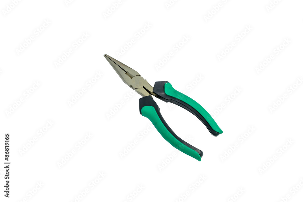 green pliers on a white background.
green pliers on a white background.