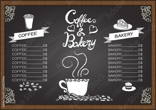 Coffee and baker menu on chalkboard.