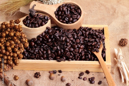 Roasted coffee beans on sack brown background.