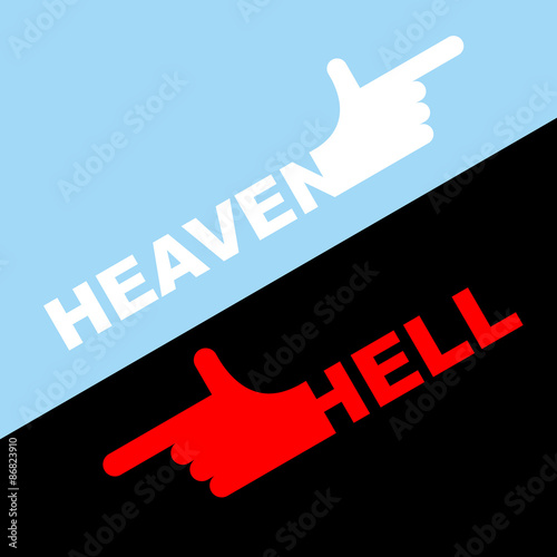 Direction of hell and heaven. Vector illustration. White hand in