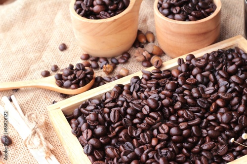 Roasted coffee beans on sack brown background.