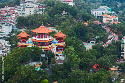 Aerial view of colorful Buddha temple in The Chung Cheng Park. Keelung