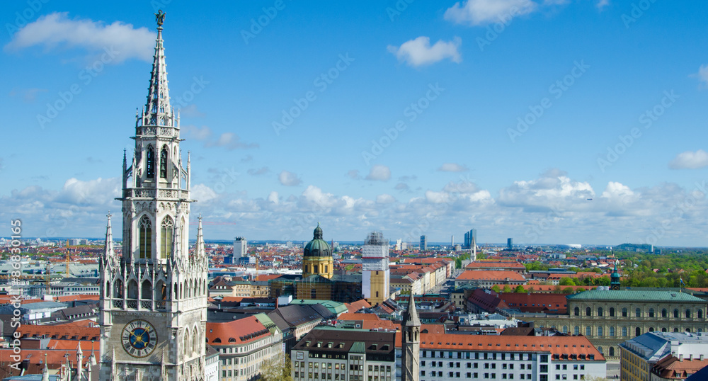 New Town Hall at Marienplatz in Munich Germany with city skyline New Town Hall at Marienplatz in Munich Germany with city skyline