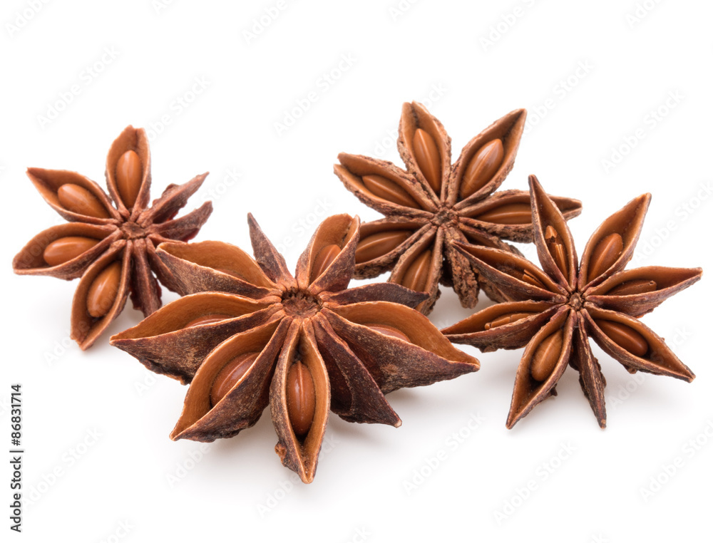 Star anise spice fruits and seeds isolated on white background c