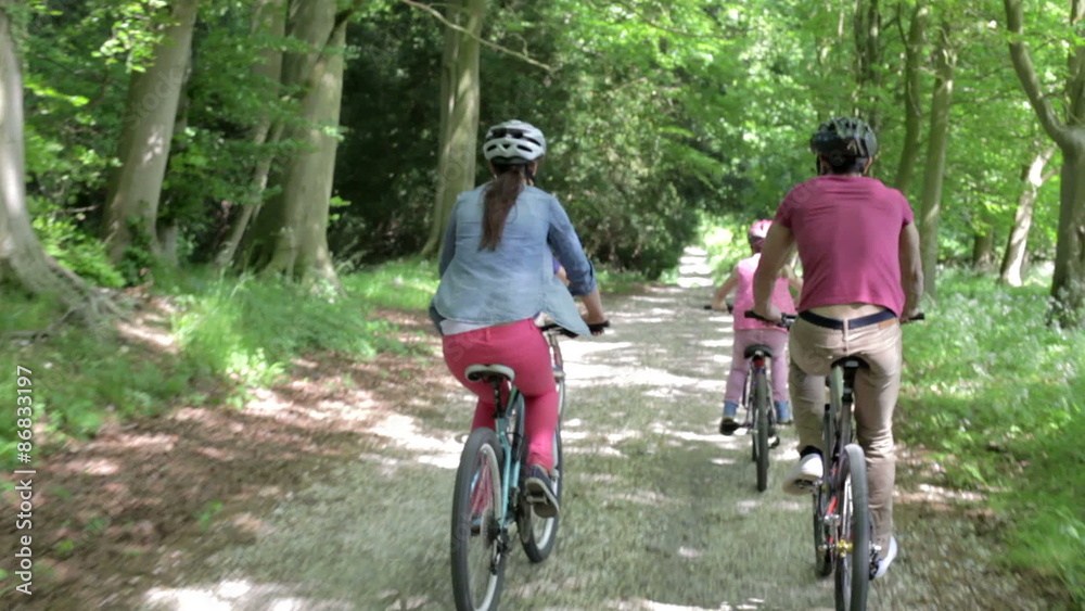 Rear View Of Family Riding Mountain Bikes Along Track Rear View Of Family Riding Mountain Bikes Along Track