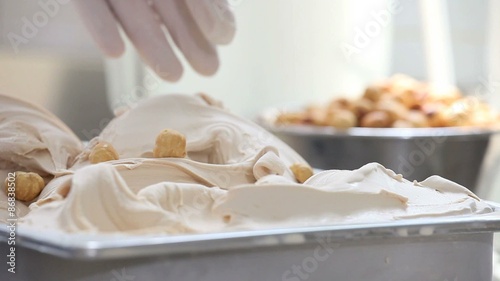 hazelnut ice cream, professional hands garnish