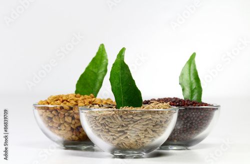 Cumin,fenugreek seeds and mustard seeds with curry leaves, shallow depth of field