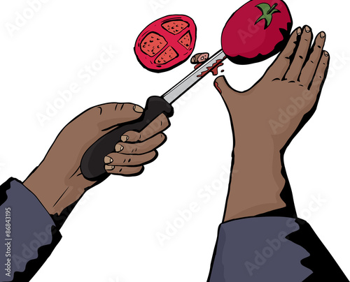 Knife Cutting Thumb and Tomato