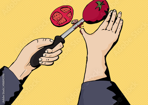 Cutting Thumb with Tomato
