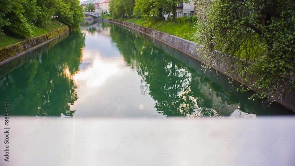 Jib Shot of Ljubljana River With Green Trees Beside Jib Shot of Ljubljana River With Green Trees Beside