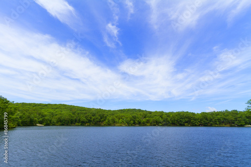 Sunset on the forest lake.