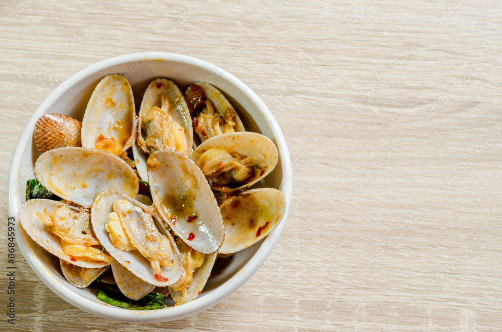 Close up Stir fried clams with roasted chili paste, Thai food Close up Stir fried clams with roasted chili paste, Thai food