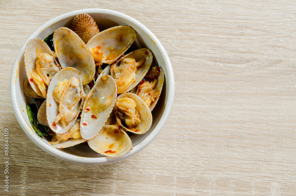 Close up Stir fried clams with roasted chili paste, Thai food Close up Stir fried clams with roasted chili paste, Thai food