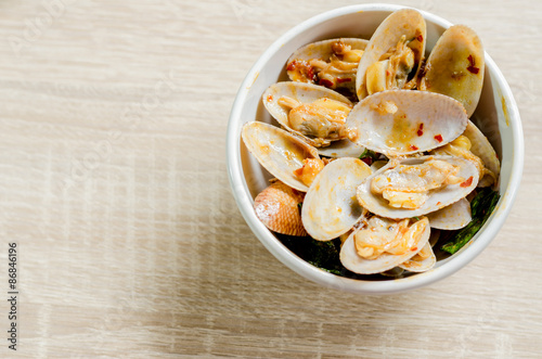 Close up Stir fried clams with roasted chili paste, Thai food