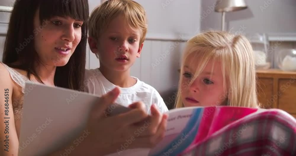 Mother With Children Reading Book In Bed Together Mother With Children Reading Book In Bed Together