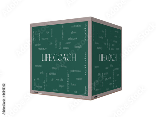 Life Coach Word Cloud Concept on a 3D Blackboard