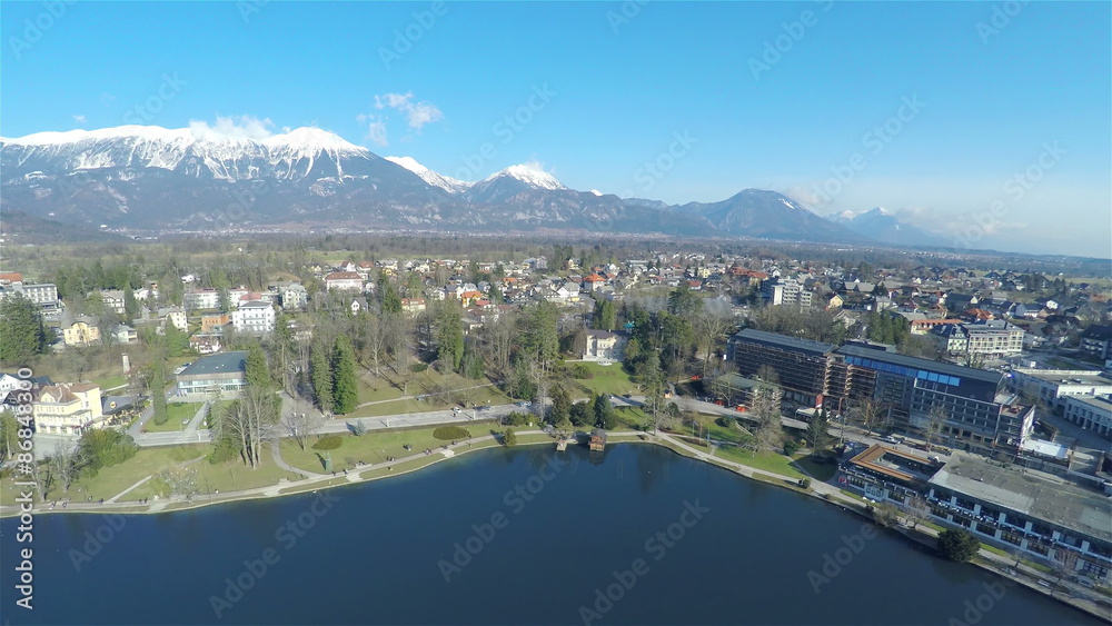 Bled tourist place aerial with mountains in background Bled tourist place aerial with mountains in background