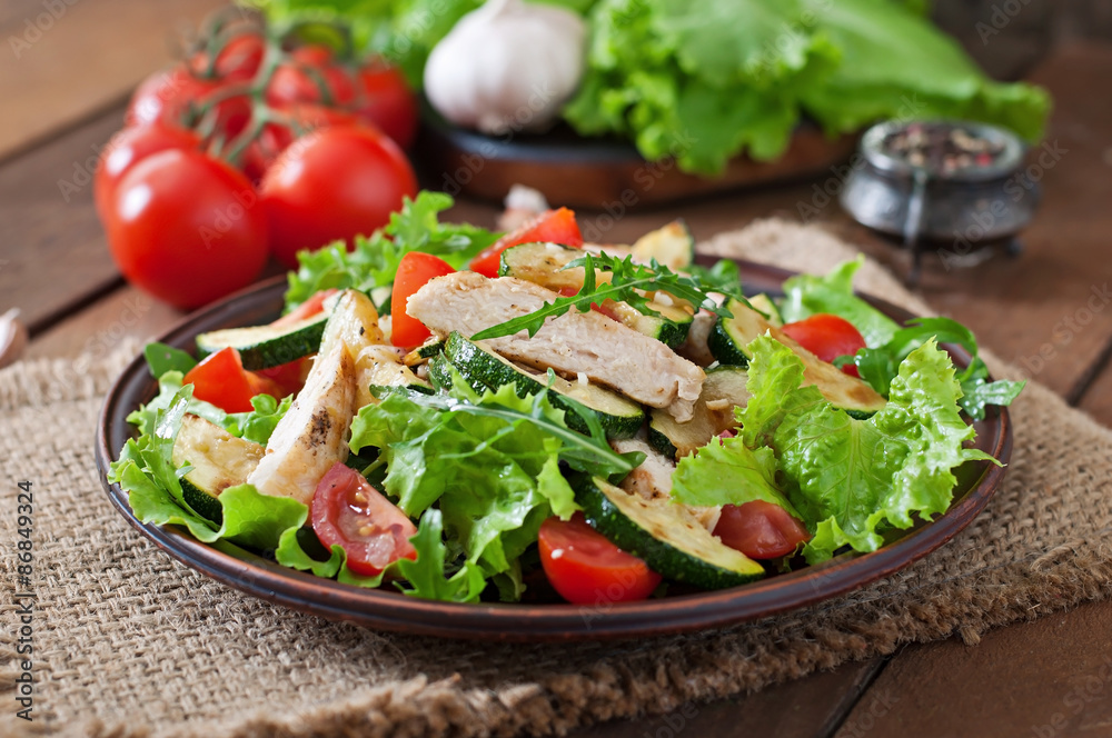 Salad of chicken breast with zucchini and cherry tomatoes