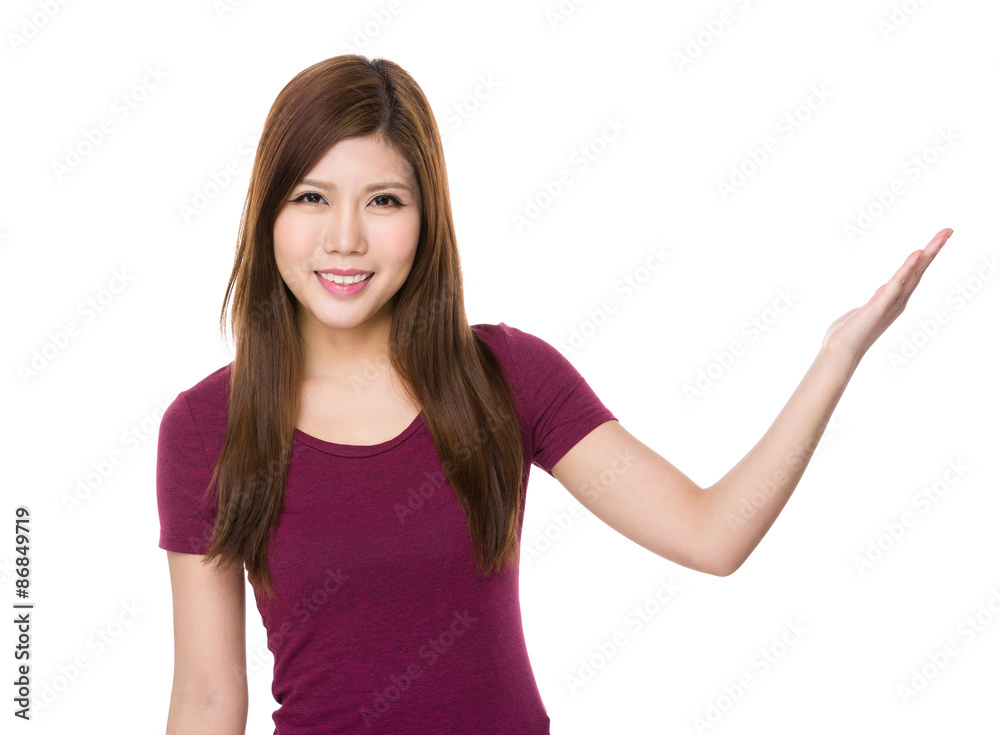 Young woman showing open hand plam Young woman showing open hand plam