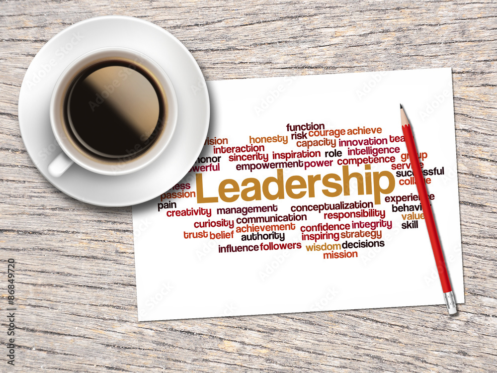 Coffee, Pencil And A Note Contain Word Clouds Of Leadership And Coffee, Pencil And A Note Contain Word Clouds Of Leadership And