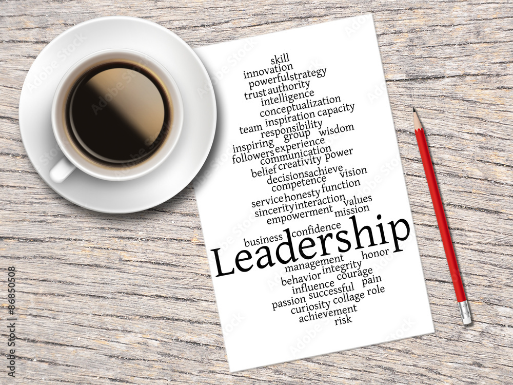 Coffee, Pencil And A Note Contain Word Clouds Of Leadership Coffee, Pencil And A Note Contain Word Clouds Of Leadership