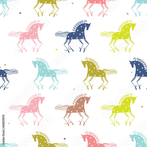 Mezen horse. Folk seamless vector pattern.