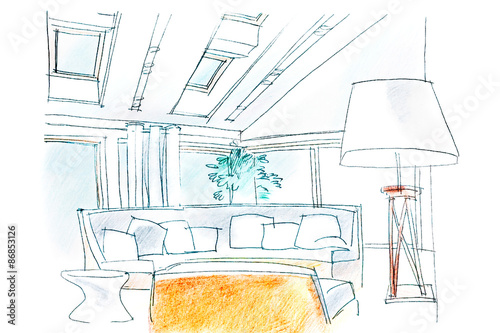 living room sketch. hand drawing interior perspective of modern living room.