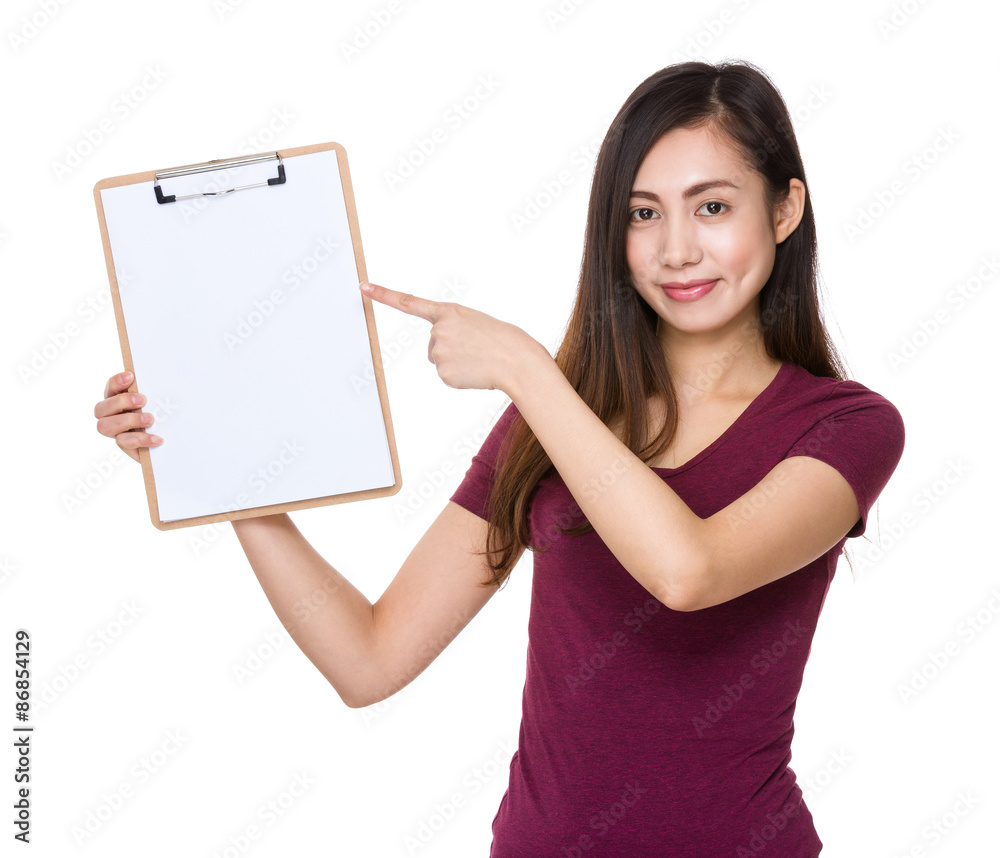 Asian woman finger point to clipboard Asian woman finger point to clipboard