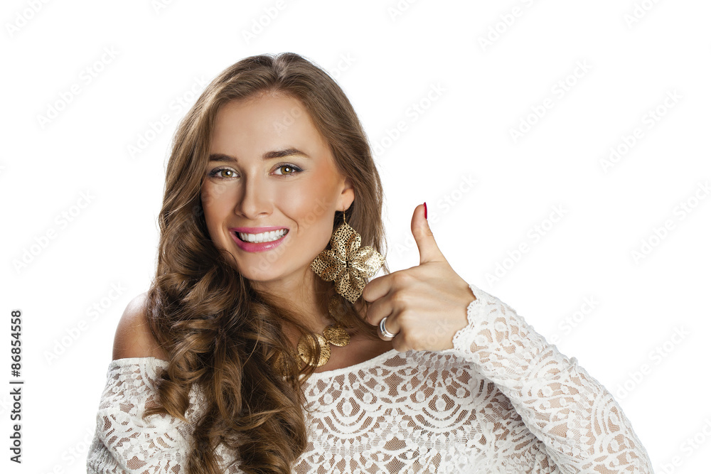 Smiling young beautiful woman in white casual clothing, showing Smiling young beautiful woman in white casual clothing, showing