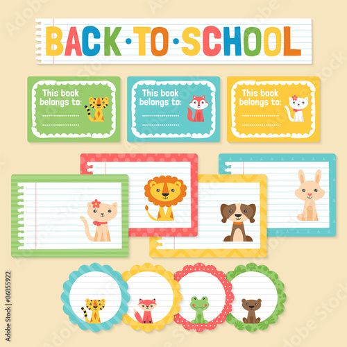 Back to school stickers and labels with cute animals