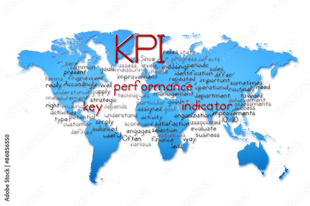 Fototapeta premium Word Cloud of kpi with world map background