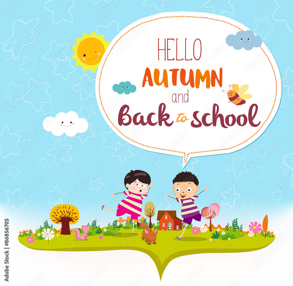 Fototapeta premium Goodbye summer. Hello autumn funny and happy smiling kids