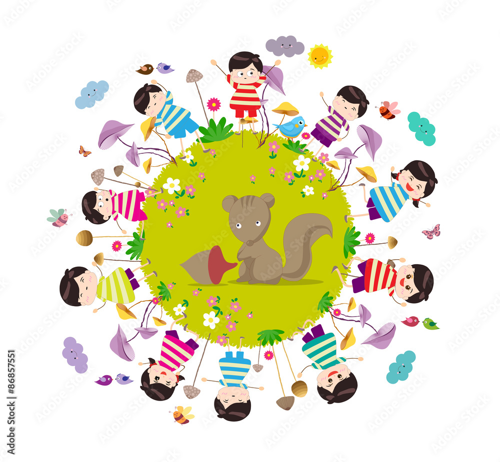 Obraz premium Happy autumn. Bright background with funny animals and happy kids which are on the ground round