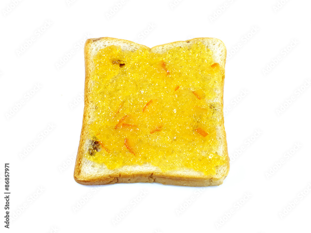 slice of bread with orange jam isolated on white background