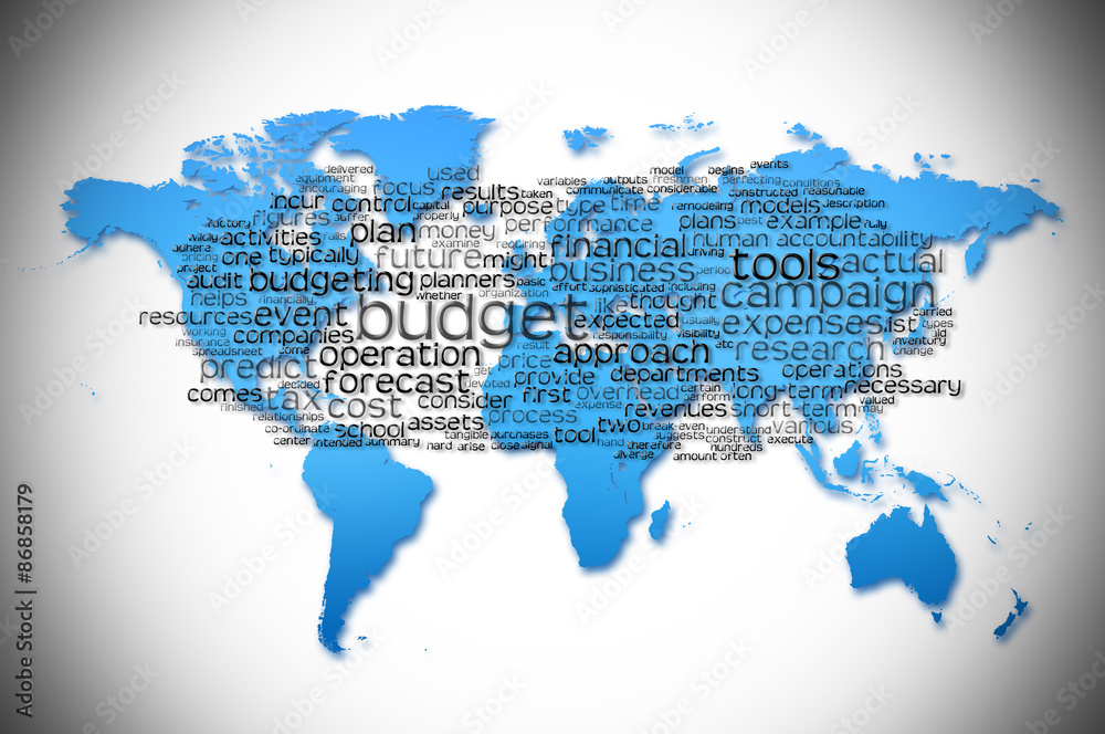 Word Cloud of budget with world map background Word Cloud of budget with world map background