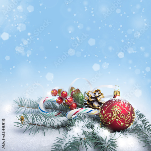 Christmas arrangement on abstract blue background  text space