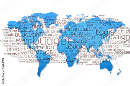 Word Cloud of  budget with world map background