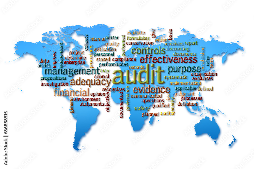 Word Cloud of  audit with world map background